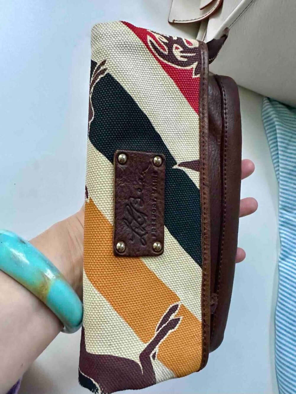 LL Bean Signature Clutch Purse Wallet Striped Deer Print Canvas Leather